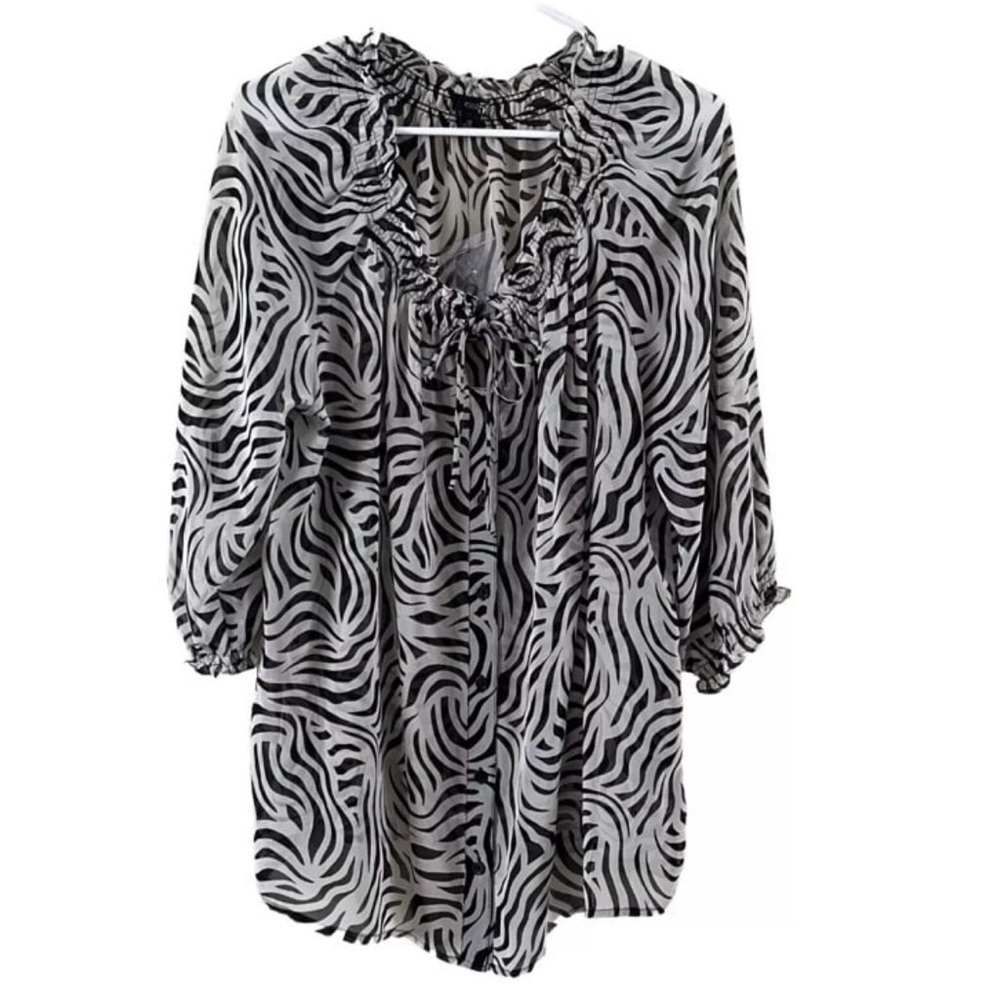 Women's East 5th Black Swirl Print Chiffon Blouse Size 1X Semi Sheer NWT Chic